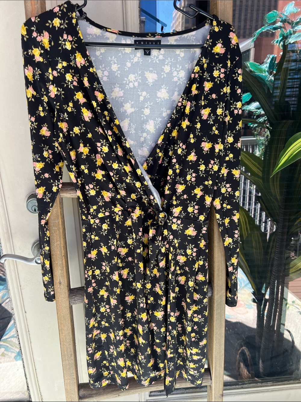 Trixxi Black Mini Wrap Dress with Yellow & Pink Floral